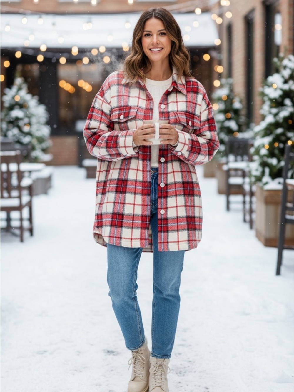 Lane Bryant Red+White Plaid Button-Up Shacket - Picture 5 of 5